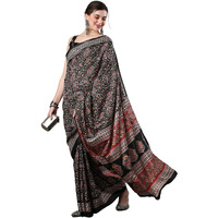AKHILAM Womens Ajrak Block Print Dola Silk Saree With Unstitched Blouse Piece (Black_KUMRN206)