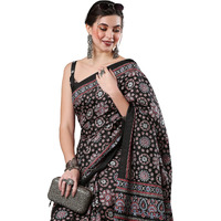 AKHILAM Womens Ajrak Block Print Dola Silk Saree With Unstitched Blouse Piece (Black_KUMRN207)