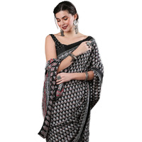 AKHILAM Womens Floral Block Print Dola Silk Ajrakh Saree With Unstitched Blouse Piece (Black_KUMRN203)