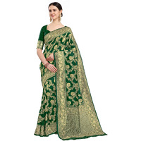 EthnicJunction Womens Banarasi Silk Blend Woven Saree With Blouse Piece (EJ6008-1014-Cherry-Mehendi_Mehendi)