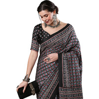 AKHILAM Womens Ajrak Block Print Dola Silk Saree With Unstitched Blouse Piece (Black_KUMRN208)