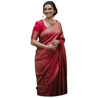 Flosive Womens Present Banarasi Soft Lichi Silk Saree Beautiful Jacquard Rich Pallu Design Work Zari Woven Kanjivaram Silk Style Saree With Soft Lichi Silk Blouse Piece (Red)