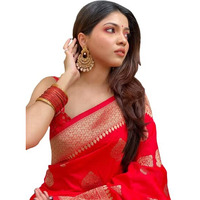 Flosive Womens Present Banarasi Soft Lichi Silk Saree Beautiful Jacquard Rich Pallu Design Work Zari Woven Kanjivaram Silk Style Saree With Soft Lichi Silk Blouse Piece (A Red)
