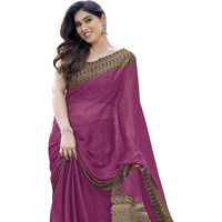 MIRCHI FASHION Womens Plain Weave Chiffon Contrast Border-Pallu Printed Saree with Blouse Piece (35081-Magenta Pink, Coffee)