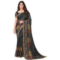 SIRIL Womens Lace & Printed Chiffon Saree with Blouse(2206S941_Steel Grey)