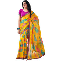 SIRIL Womens Chiffon Printed Saree With Unstitched Blouse Piece (3576S2505_Yellow & Pink)
