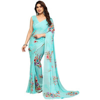Satrani Georgette Womens Geoegette Floral Print Saree With Unstitched Blouse Piece (3112S2155Na_Sky Blue1)