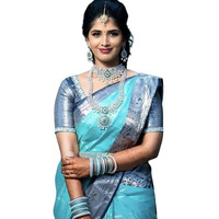 SGF11 Womens Kanjivaram Soft Silk Saree With Blouse Piece (Light Blue Dark Blue)