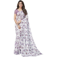 SIRIL Womens Floral Printed Chiffon Saree with Blouse(2141S712_White, Light Purple)