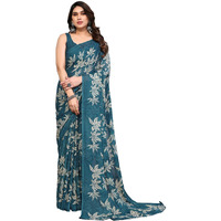 SIRIL Womens Floral Printed Georgette Saree with Unstitched Blouse Piece (3290S135_Teal Blue)