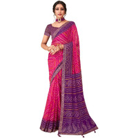Jaanvi fashion Womens Chiffon Bandhani Print With Lace And Tassels Purple Pink Saree With Solid Self Printed Blouse