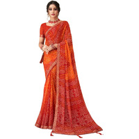 Jaanvi fashion Womens Chiffon Bandhani Print With Lace And Tassels Saree With Solid Self Printed Blouse