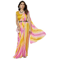 RAJESHWAR FASHION WITH RF Womens Readymade Pleated Pre Drape Stitched Printed Georgette Sarees For Women With Lace Border & Solid Blouse (Ready To Wear One Minute Multicolor Saree) (Lemon Yellow)