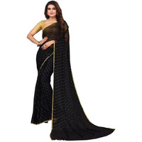 SIRIL Womens Jari Border & Mukaish Work Chiffon Saree with Unstitched Blouse Piece(2811S292A_Black1)