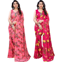 SIRIL Womens Floral Printed Georgette Saree with Blouse Combo Pack Of 2(1955S344_1955S348_Pink||Red)