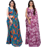 SIRIL Womens Floral Printed Georgette Saree with Blouse Combo Pack Of 2(1955S350_2024S566_Blue||Purple)