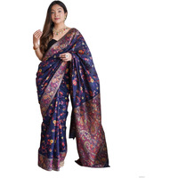 Amazon Brand - Anarva Womens Kashmiri Jamawar Woven Banarasi Silk Saree With Blouse Piece(shahtoosh-blue)
