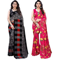 SIRIL Womens Floral Printed Georgette Saree with Blouse Combo Pack Of 2(1989S385_1955S348_Grey||Red)