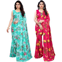SIRIL Womens Floral Printed Georgette Saree with Blouse Combo Pack Of 2(2041S576_1955S348_Light Blue||Red)