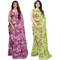 SIRIL Womens Floral Printed Georgette Saree with Blouse Combo Pack Of 2(2024S566_1850S172_Purple||Light Green)