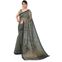 MIRCHI FASHION Womens Plain Weave Cotton Blend Ajrak Print Saree with Blouse Piece (37694-Grey, Green)