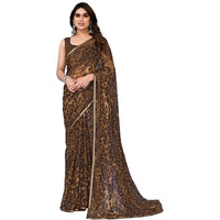 SIRIL Womens Animal Printed Chiffon Saree with Unstitched Blouse Piece (3296S573_Dark Brown)