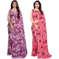 SIRIL Womens Floral Printed Georgette Saree with Blouse Combo Pack Of 2(2024S566_1850S178_Purple||Pink)