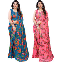 SIRIL Womens Floral Printed Georgette Saree with Blouse Combo Pack Of 2(1955S350_1955S344_Blue||Pink)
