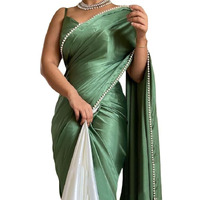 BRAHMSHAKTI Womens Satin Half Half Collection Saree With Blouse Piece, Turquoise