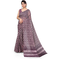 MIRCHI FASHION Womens Plain Weave Cotton Blend Chevron Saree with Blouse Piece (37693-Wine and Cream)