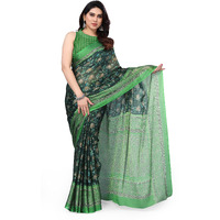 MIRCHI FASHION Womens Plain Weave Chiffon Floral Printed Saree with Blouse Piece (Dark Green, Turquoise)