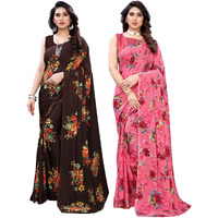SIRIL Womens Floral Printed Georgette Saree with Blouse Combo Pack Of 2(1955S345_1850S178_Brown||Pink)