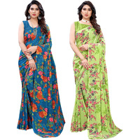 SIRIL Womens Floral Printed Georgette Saree with Blouse Combo Pack Of 2(1955S350_1850S172_Blue||Light Green)
