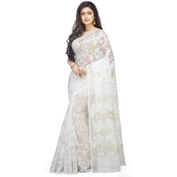 BENGAL HANDLOOM Exclusive Womens Cotton Silk Dhakai Allover Soft Jamdani Sarees (White & White)