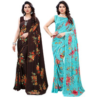 SIRIL Womens Floral Printed Georgette Saree with Blouse Combo Pack Of 2(1955S345_1850S176_Brown||Blue)