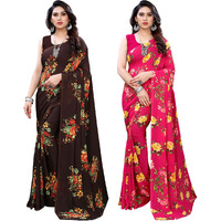 SIRIL Womens Floral Printed Georgette Saree with Blouse Combo Pack Of 2(1955S345_1955S348_Brown||Red)