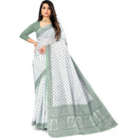Ratan Womens Pure Cotton Printed Mulmul Saree Without Blouse Piece (White Olive-Green)