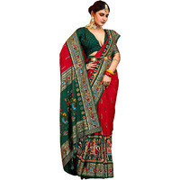 AKHILAM Womens Peacock Woven Design Zari Work Patola Silk Saree With Unstitched Blouse Piece (Red_MLKHAM1001_SS)