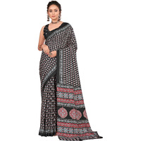AKHILAM Womens Ajrak Block Print Dola Silk Saree With Unstitched Blouse Piece (Black_KUMRN203_HS)