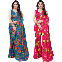 SIRIL Womens Floral Printed Georgette Saree with Blouse Combo Pack Of 2(1955S350_1955S348_Blue||Red1)