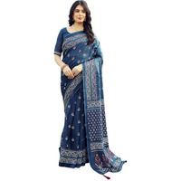 SIRIL Womens Cotton Printed Ready To Wear Saree With Unstitched Blouse Piece (7RS108_Teal Blue)