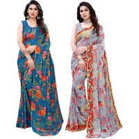 SIRIL Womens Floral Printed Georgette Saree with Blouse Combo Pack Of 2(1955S350_1926S306_Blue||Grey2)