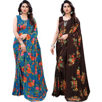 SIRIL Womens Floral Printed Georgette Saree with Blouse Combo Pack Of 2(1955S350_1850S176_Blue||Blue)