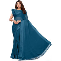 MIRCHI FASHION Womens Satin Chiffon Solid Saree with Blouse Piece (41033-Dark Rama Blue)