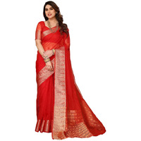 SIRIL Womens Jacquard Border Organza Saree with Unstitched Blouse Piece (3276S251A_Red)