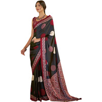 SAREE MALL Womens Ajrkh Print Satin Crepe Polka Dot Printed Saree With Unstitched Blouse Piece(Black_MOHAR101B_HS)