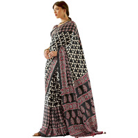 SAREE MALL Womens Ajrkh Print Satin Crepe Geometric Printed Saree With Unstitched Blouse Piece(Black_MOHAR102B_HS)