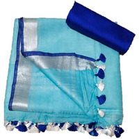 HAIDER ALI AND SONS Womens Linen Slub Saree with Contrast Blouse Piece (SKY BLUE)