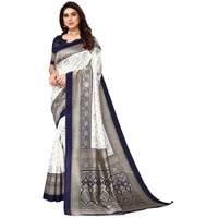 Satrani Womens Silk Blend Saree (2952S2082NC_Navy Blue & Beige & White)