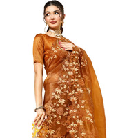 AKHILAM Womens Solid Organza Embroidered Saree With Unstitched Blouse Piece (Brown_2NAVYA2010)